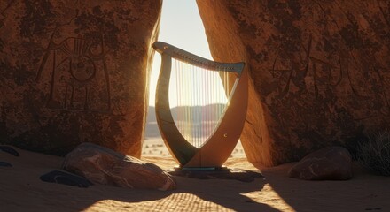 Ancient musical instrument rests between towering sunlit desert monoliths featuring carved symbols