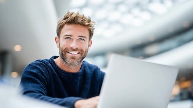 Happy Professional Engaged: A portrait captures a happy professional, immersed in work on a laptop, their radiant smile echoing an ambiance of contentment and accomplishment.