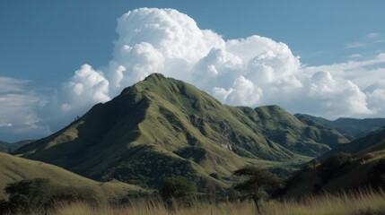 Fototapeta premium Serene Landscape of Lush Green Mountains Under a Vibrant Sky with Fluffy White Clouds in a Tranquil Natural Setting