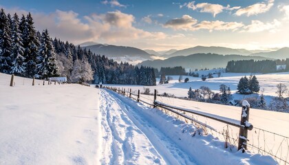 A snow-covered landscape with a path leading through a valley, flanked by trees and a rustic fence. The sun casts a warm glow