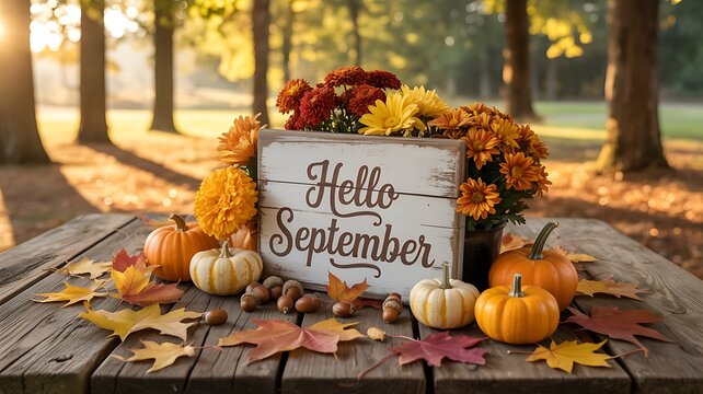 Hello September autumnal still life with pumpkins and colorful flowers