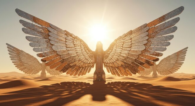 Colossal metallic wings rise majestically from sandy dunes under a bright sun