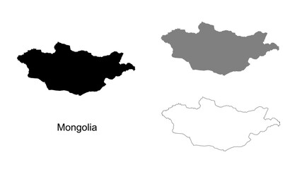 Mongolia map set. Mongolia map vector. Mongolia map on silhouette, gray, and outline