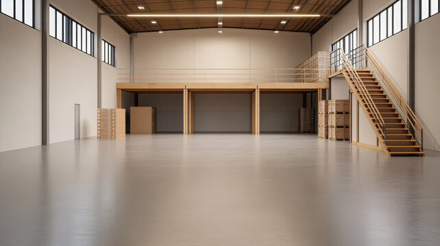 Spacious warehouse mezzanine level wooden stair empty storage industrial interior modern