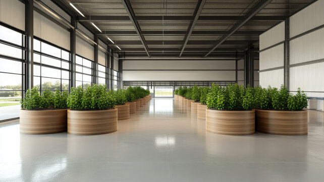 Indoor eco friendly warehouse with large wooden planters, natural light, modern sustainable - Powered by Adobe