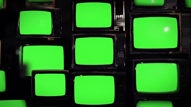 Wall of Vintage TVs with Green Screens.