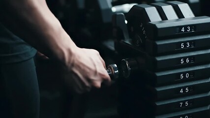 Closeup of an athlete setting a heavy weight on a stack machine in a gym