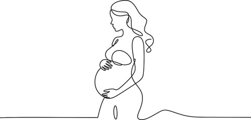Continuous line art drawing of a pregnant woman holding her belly with love and care, symbolizing maternity, expectation, and new life journey Vector