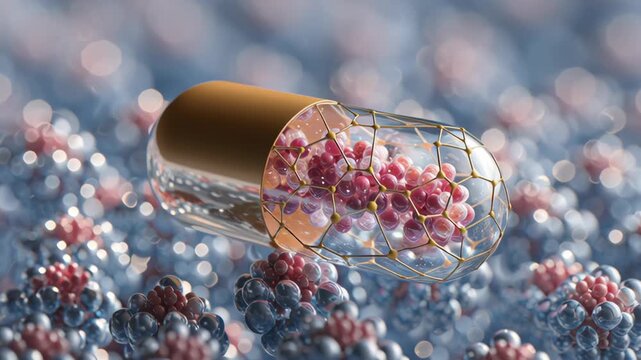 Close-up receptor selectivity visualized as geometric matching fit between therapeutic capsule and surface topology, receptor targeted treatment