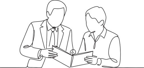 Continuous line art of two business professionals discussing documents, symbolizing collaboration, teamwork, mentorship, or a learning session Vector