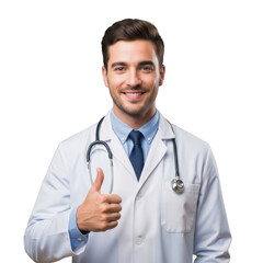 Fototapeta premium Smiling caucasian male doctor wearing white lab coat and stethoscope giving thumbs up gesture isolated on transparent background