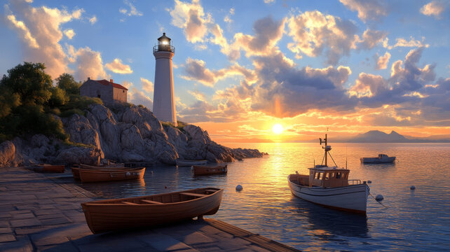 Lighthouse, rocky coast, fishing boat, sunrise, calm water, peaceful morning scene - Powered by Adobe