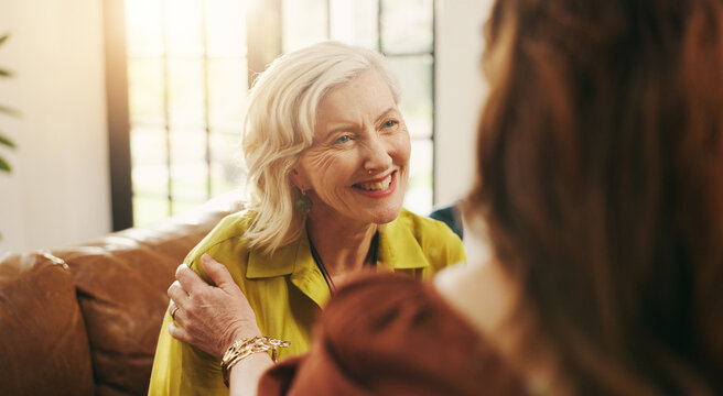 Senior woman, friends and smile with comfort, support or empathy for trust in retirement home. Elderly, female person or discussion with chat for care, friendship or social bonding together in house - Powered by Adobe