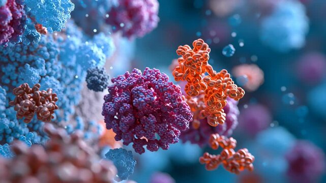 Close-up selective antibody binding event shown amid non binding molecules around, demonstrating precision selectivity, monoclonal antibody therapy