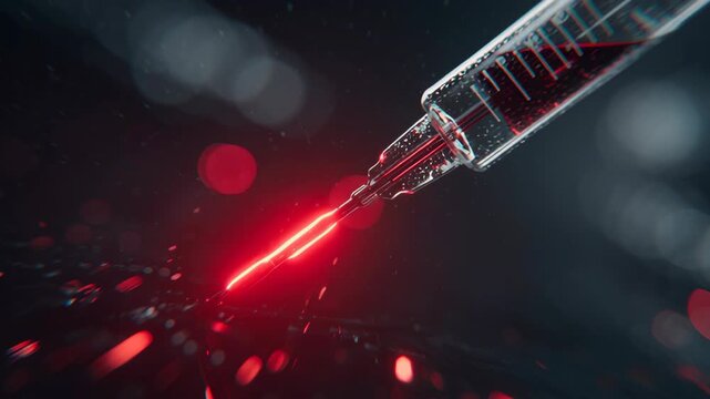 A syringe with a red tip is shown. The syringe is filled with a liquid. Close-up signal confirmation moment showing binding success match, neutral clinical technology mood, targeted drug delivery