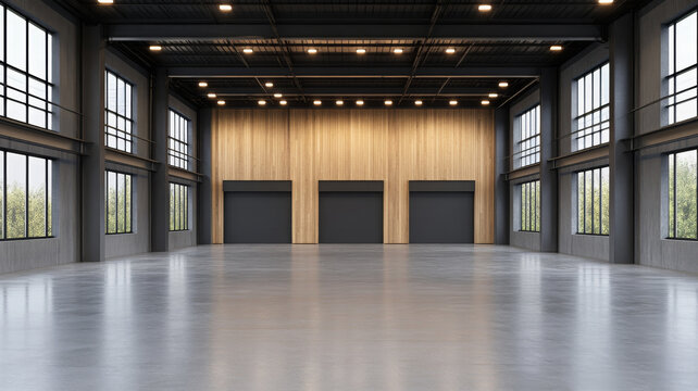 Sleek open warehouse interior with minimal partition, polished concrete floor, large windows