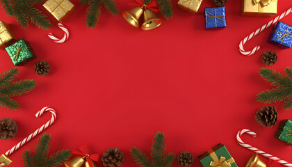Festive Christmas flat lay background with wrapped gifts, candy canes, pine cones, and evergreen branches arranged around the edges on a bright red background