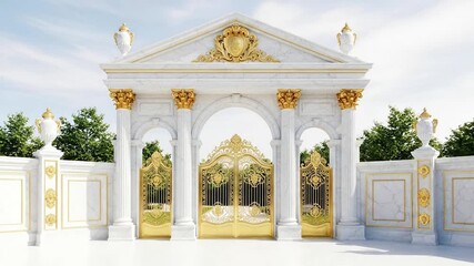 Majestic white marble and gold archway with intricate gates, representing the entrance to heaven or a luxurious palace - Powered by Adobe