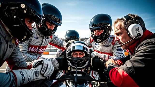 Race Car Driver in Focus Pit Crew's Collaborative Effort