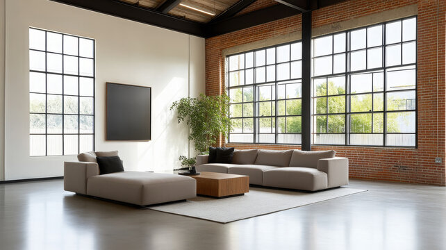 Modern loft living room with large glass windows, brick wall, neutral sofa, and natural light