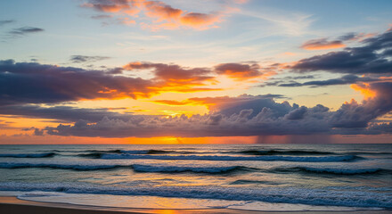 Dramatic sunset over ocean with colorful clouds and waves