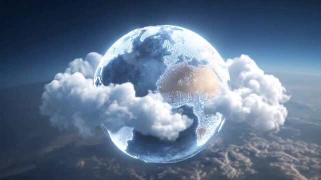 Global Embrace: A stunning depiction of the globe, enveloped by soft, billowing clouds, symbolizing our interconnected world and the delicate balance of our planet.