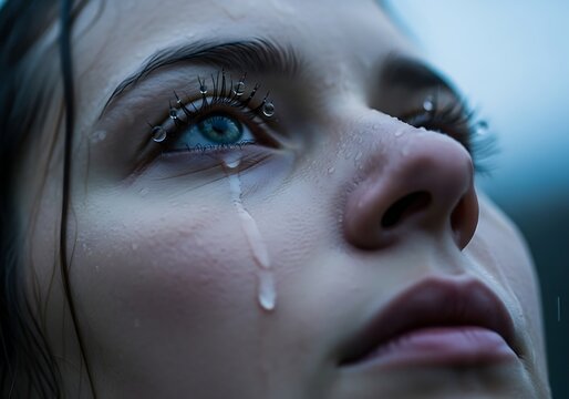Closeup of a young womans face with a tear rolling down her cheek expressing deep sadness and emotion. - Powered by Adobe