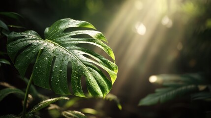 Fototapeta premium Lush Green Monstera Leaf with Water Droplets Illuminated by Sunlight in a Serene Jungle Setting