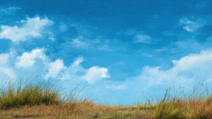 Obraz premium Serene Landscape with Lush Green Grass and Bright Blue Sky Interspersed with Fluffy White Clouds on a Soft Sunny Day in Nature