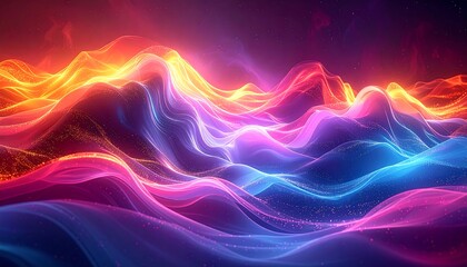 A vibrant, abstract landscape with layered, undulating forms of fiery orange, electric pink, and cool blue. Glowing and ethereal