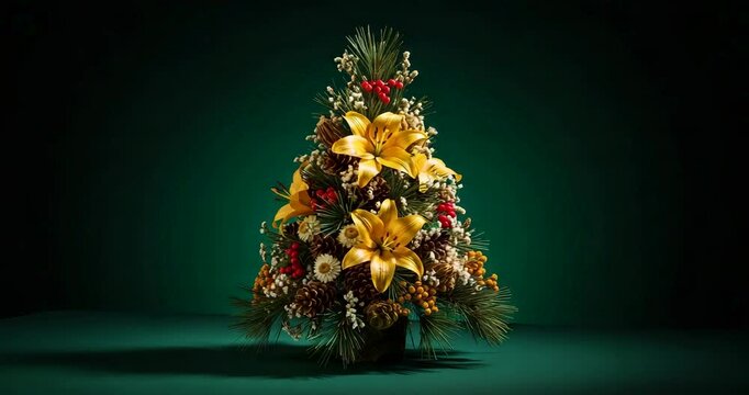 Festive Christmas tree arrangement with lilies and pinecones