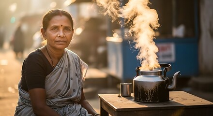 Indian woman selling tea on the street with a flaming kettle.
