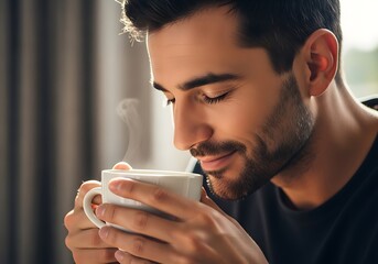 Man Enjoying a Steaming Hot Cup of Coffee or Tea.