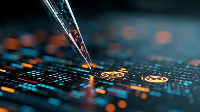 Close-up synthetic gene editing UI abstraction overlaying pipette micro droplet transfer, clinical precision, ultra clean lab neutrality, gene-based therapy