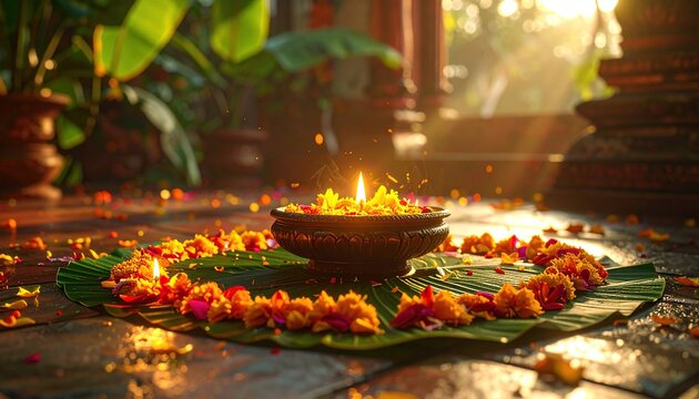 Serene Balinese Canang Sari Offering with Candlelight and Sun Rays. - Powered by Adobe