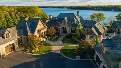 Breathtaking panoramic view of an exquisite multi-million dollar lakeside luxury estate featuring sophisticated architecture and meticulously manicured grounds