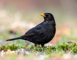 Fototapeta premium Close-up of a sleek black bird with an orange beak, standing on mossy ground
