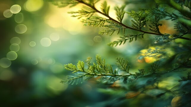 Beautiful close-up of vibrant green fern leaves illuminated by soft natural light with a blurred background creating a serene and peaceful atmosphere - Powered by Adobe
