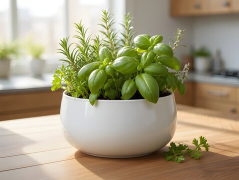 Fresh herbs in a white pot on a wooden table with a kitchen in the background - Powered by Adobe