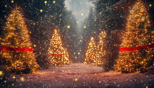 Illuminated christmas trees with red and golden garlands into a forest with snowy flakes
