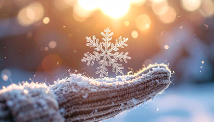 Winter's delicate touch: A solitary snowflake delicately rests upon a gloved hand, illuminated by the soft glow of the sun, evoking a sense of calm and the serene beauty of winter.