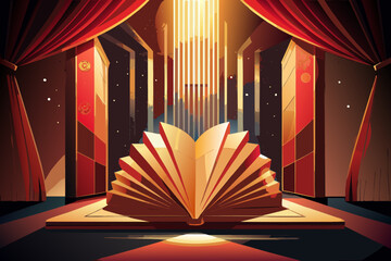 Golden open book on stage under dramatic spotlight and red curtains