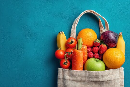 Colorful assortment of fresh fruits and vegetables in a reusable tote bag against a vibrant blue background, promoting healthy eating and sustainability