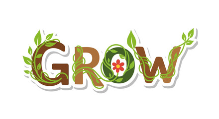 Illustration of the Word Grow Decorated with Vines and Leaves on a White Background
