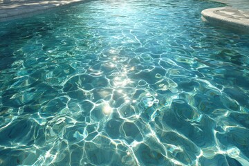 Obraz premium Crystal clear water surface shimmering under sunlight, creating beautiful reflections and patterns, inviting relaxation and tranquility in a serene outdoor environment with copy space