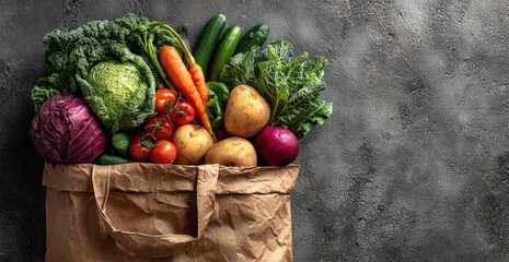 Fresh assortment of colorful vegetables including carrots, tomatoes, and leafy greens in a brown paper bag against a textured gray background, showcasing healthy eating and sustainability