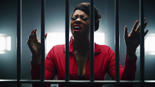Woman in jail, hands up, screaming, behind bars in a prison cell, dark background for law/crime visuals