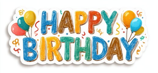 Colorful birthday greeting with playful lettering, balloons, and confetti, creating a festive atmosphere for celebration and joy, perfect for invitations and decorations