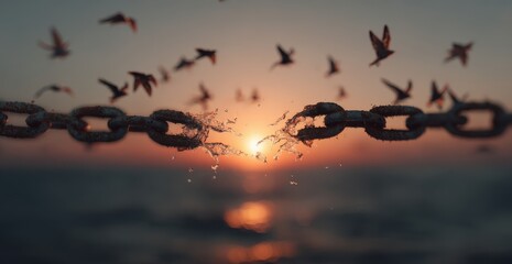 Chain breaking apart at sunset, with birds flying in the background, symbolizing freedom and transformation, capturing the essence of liberation and new beginnings