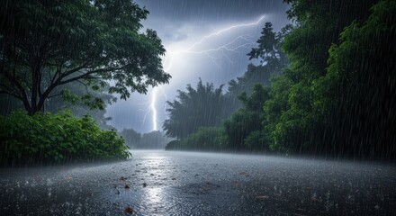Intense Lightning Strike Over a Wet Forest Road During a Thunderstorm